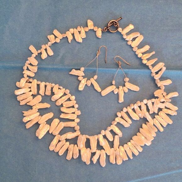 Freshwater Stick Pearl Necklace and Earrings Set Vintage 1980s T-Clasp - Picture 1 of 14